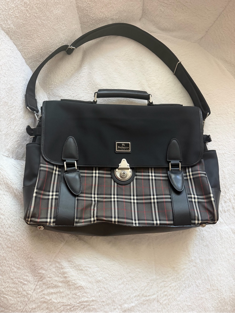 Burberry Black Messenger Bag with Signature Plaid Panel